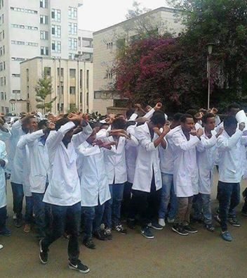 #OromoProtests, Black Lion Medical school students in Finfinnee, the capital (Oromia) protesting fascist Ethiopia's regime mass killings on 18 August 2016.