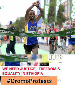 Quebec City Marathon winner, Oromo athlete, Ebisa Ejigu, replicates Rio Olympic medallist’s #OromoProtests. p3